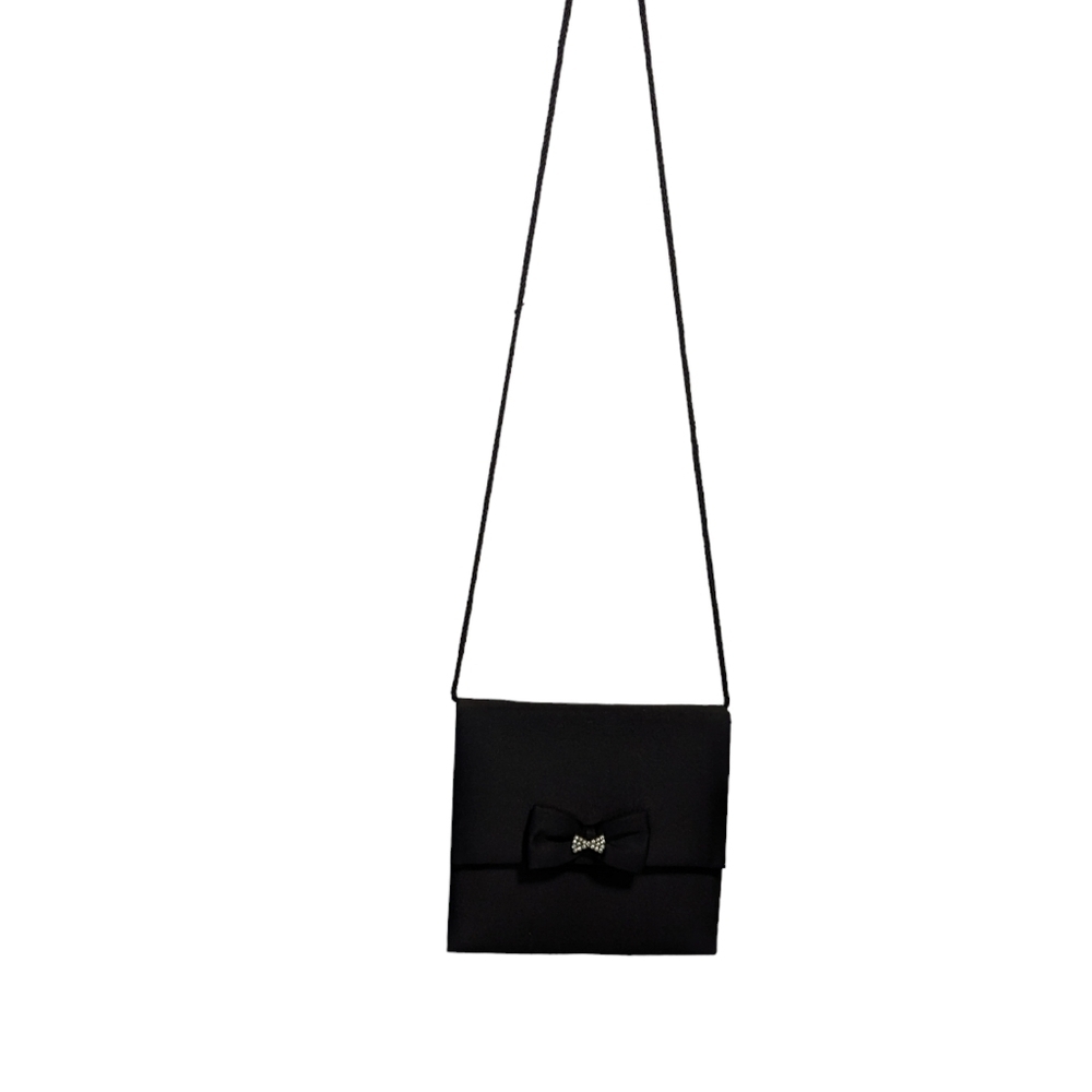 🖤 Vintage Black Cross body satin style bag purse rhinestone bow snap evening